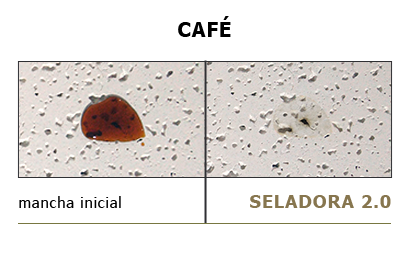 Comparativo de mancha de café com mancha inicial e mancha após uso da seladora 2.0